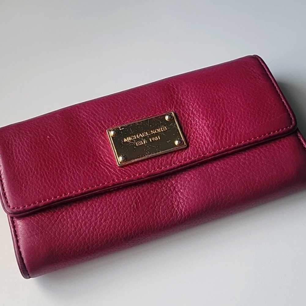Michael Kors Plum Leather Long Wallet with Gold Name Plate